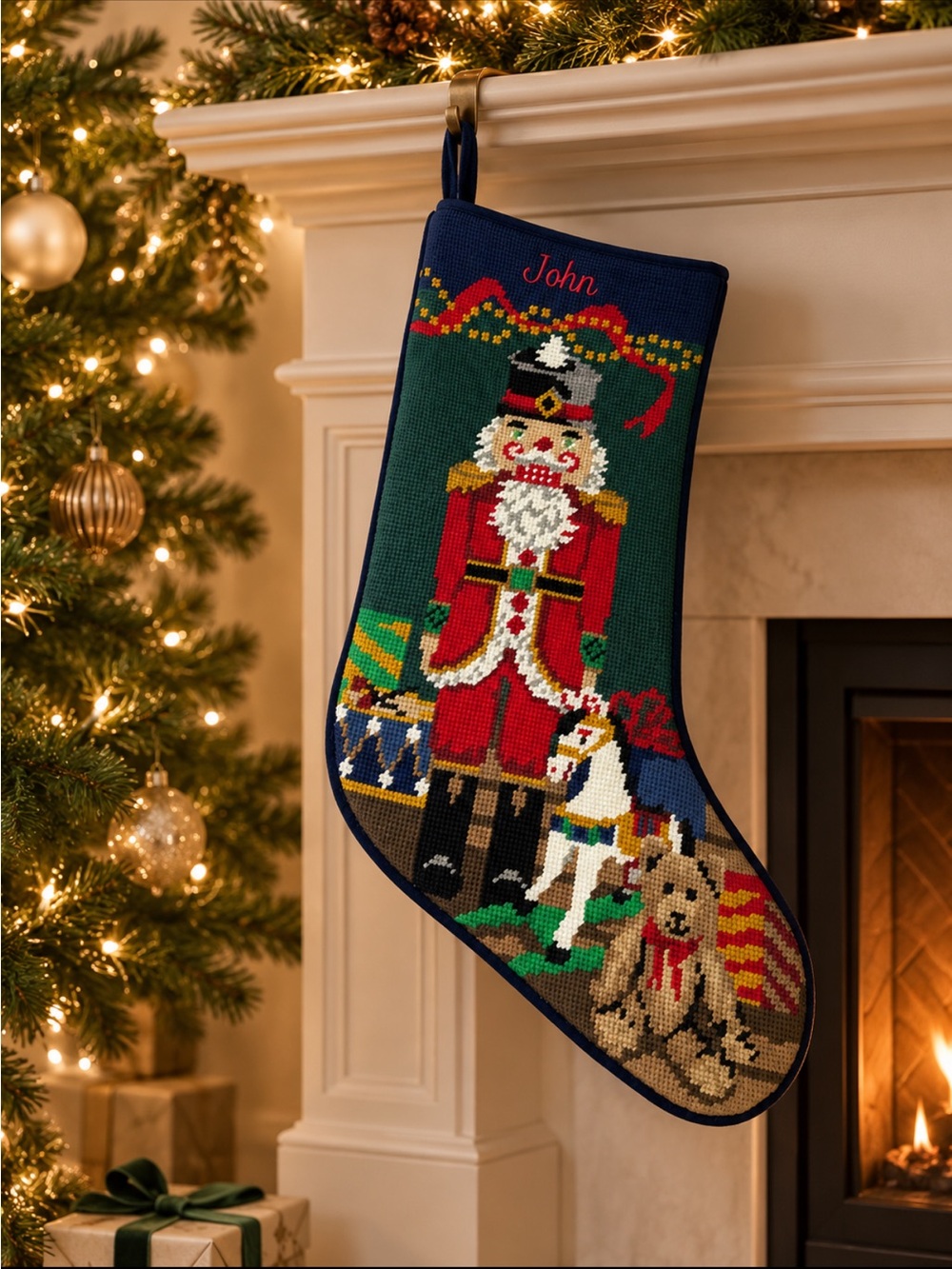 Vibrant Personalized John Needlepoint Nutcracker Christmas Stocking EUC
